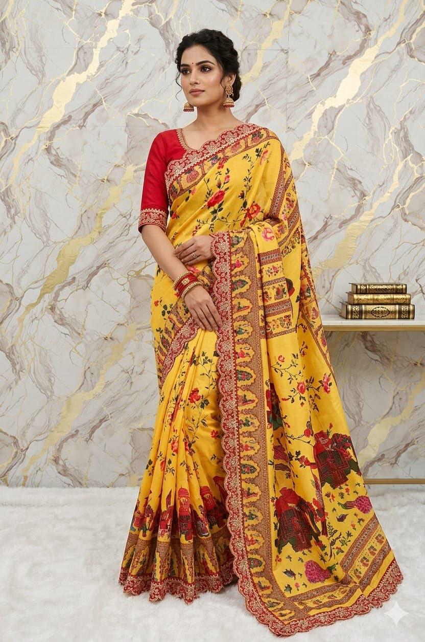 Bright Yellow and Festive Red Dola Banarasi Floral Saree